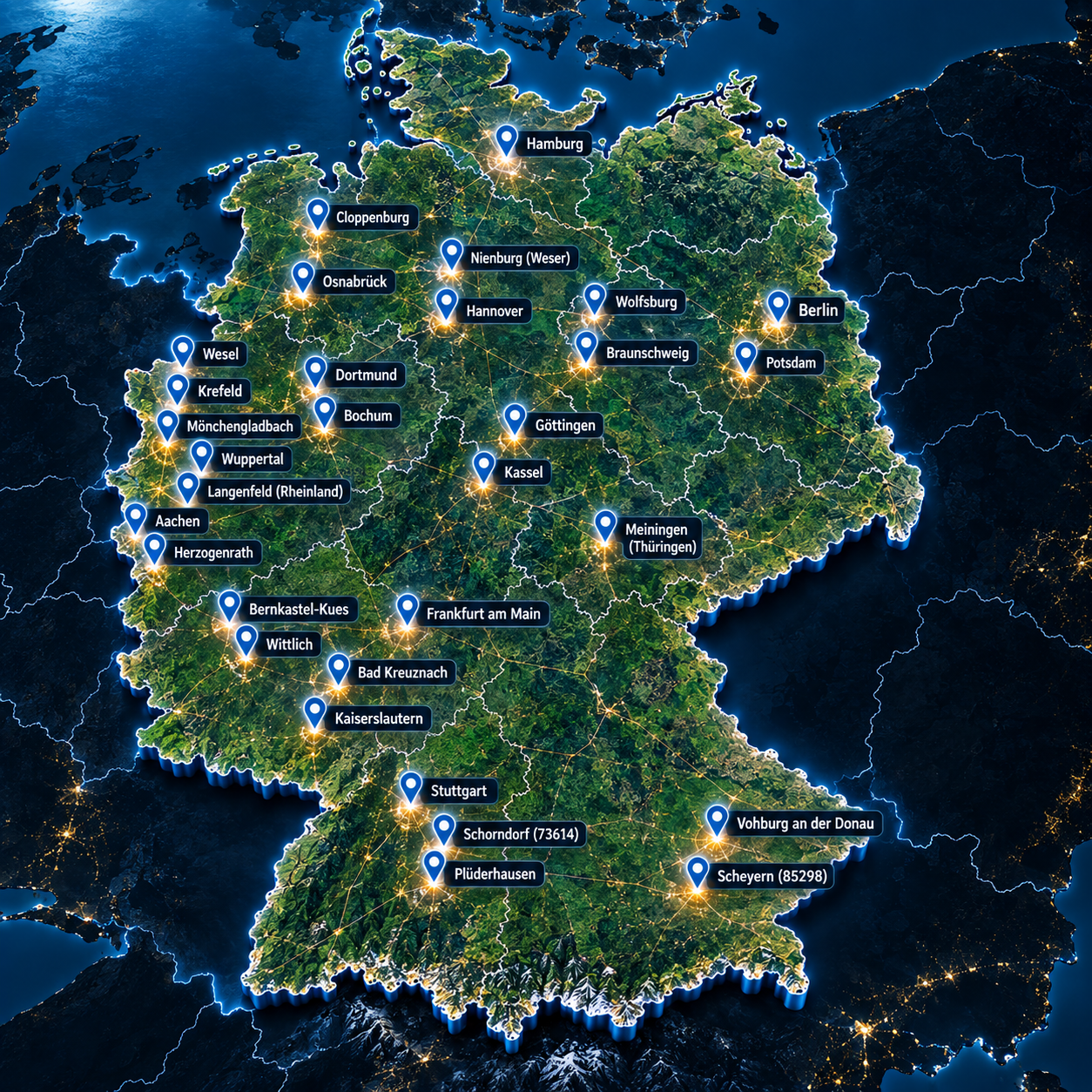 Deutschlandkarte mit den Standorten der Partnerbetriebe von M&Ms Reinigung